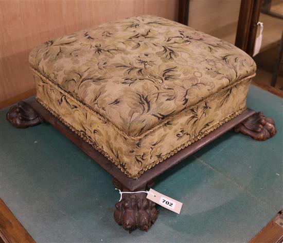 A Victorian square topped foot stool, with claw feet W.50cm